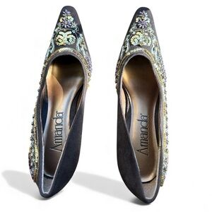 Amanda Black Sequin Beaded Formal Pointed-Toe Heels Pumps, Size 9M